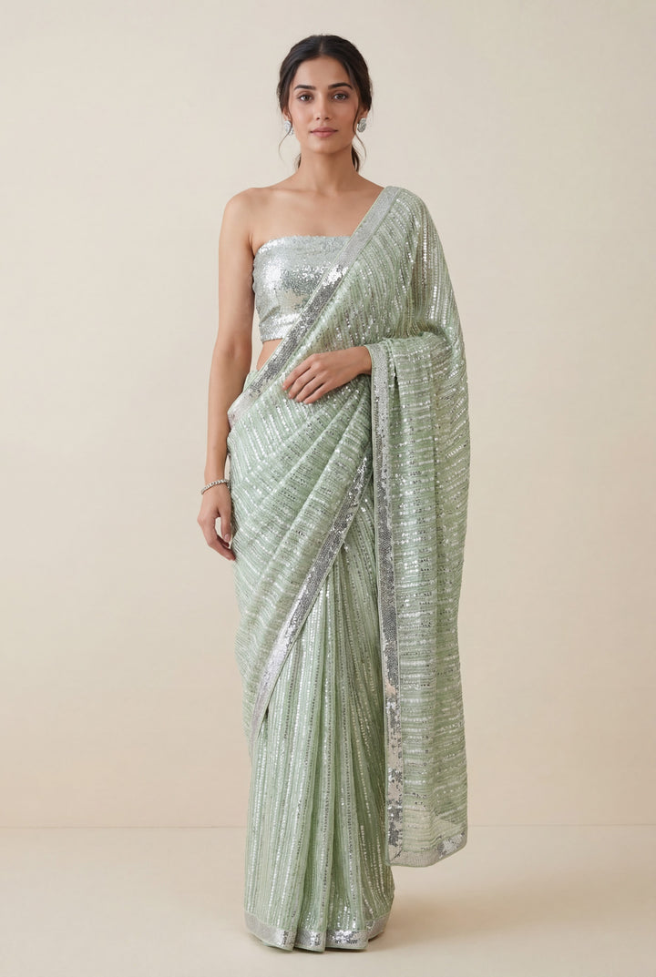 Mint Green Sequins Saree with Border