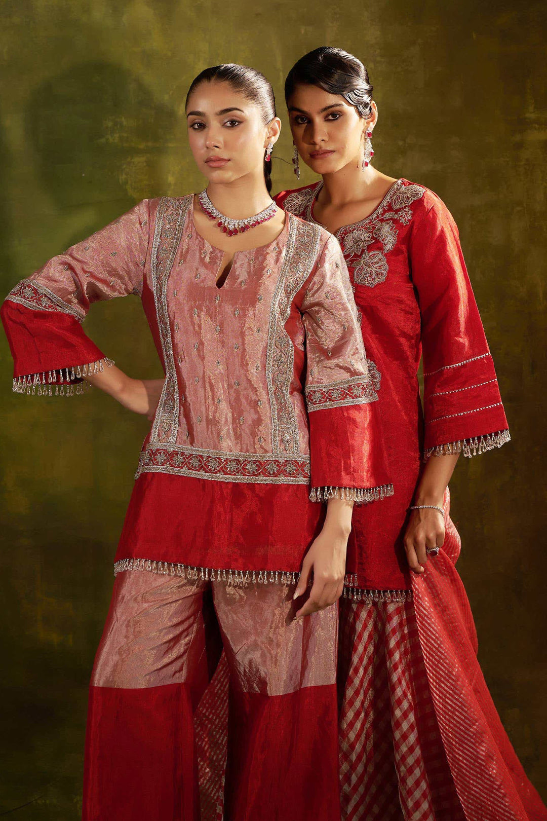 RED EMBROIDERED SHORT TISSUE KURTA WITH SHARARA SET