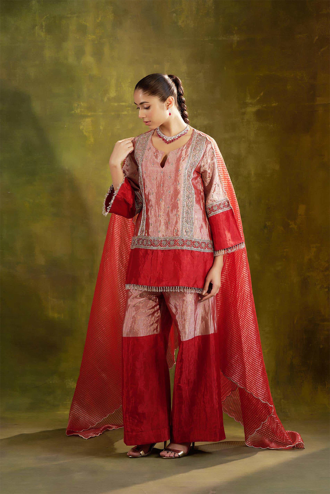 RED EMBROIDERED SHORT TISSUE KURTA WITH SHARARA SET