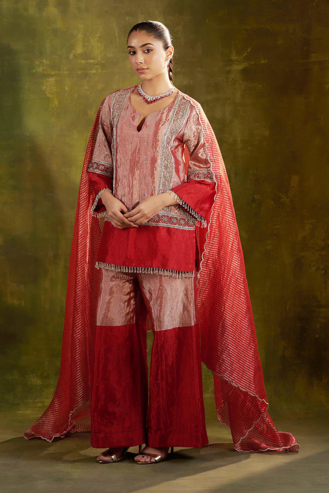 RED EMBROIDERED SHORT TISSUE KURTA WITH SHARARA SET