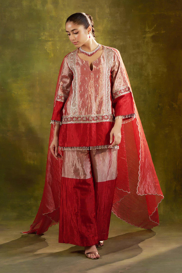 RED EMBROIDERED SHORT TISSUE KURTA WITH SHARARA SET