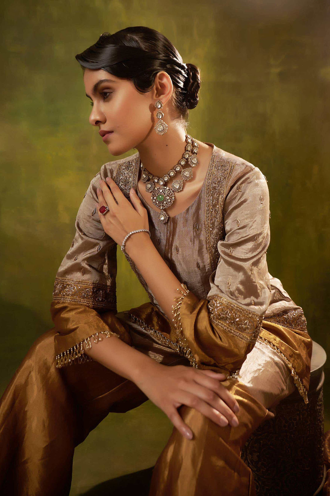 GOLD EMBROIDERED SHORT TISSUE KURTA WITH SHARARA SET