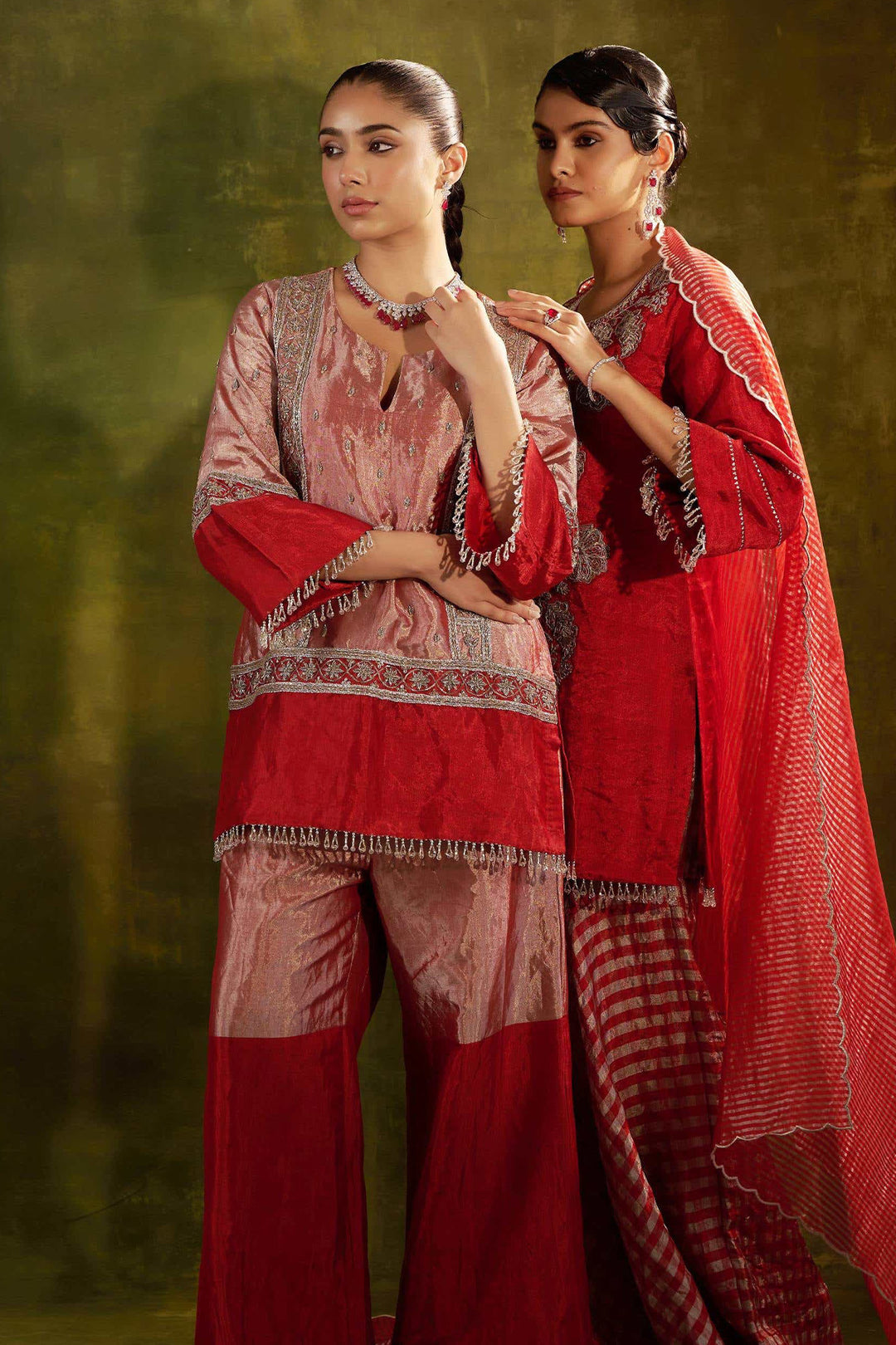 RED EMBROIDERED SHORT TISSUE KURTA WITH SHARARA SET