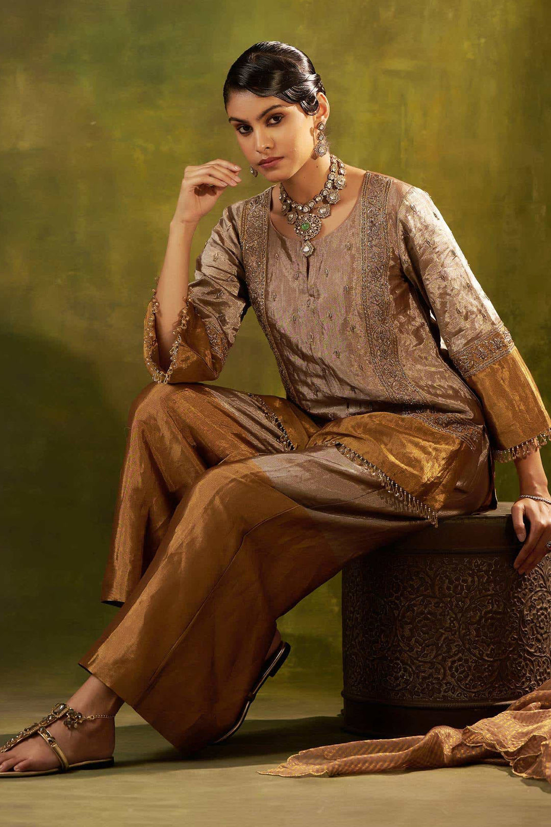 GOLD EMBROIDERED SHORT TISSUE KURTA WITH SHARARA SET