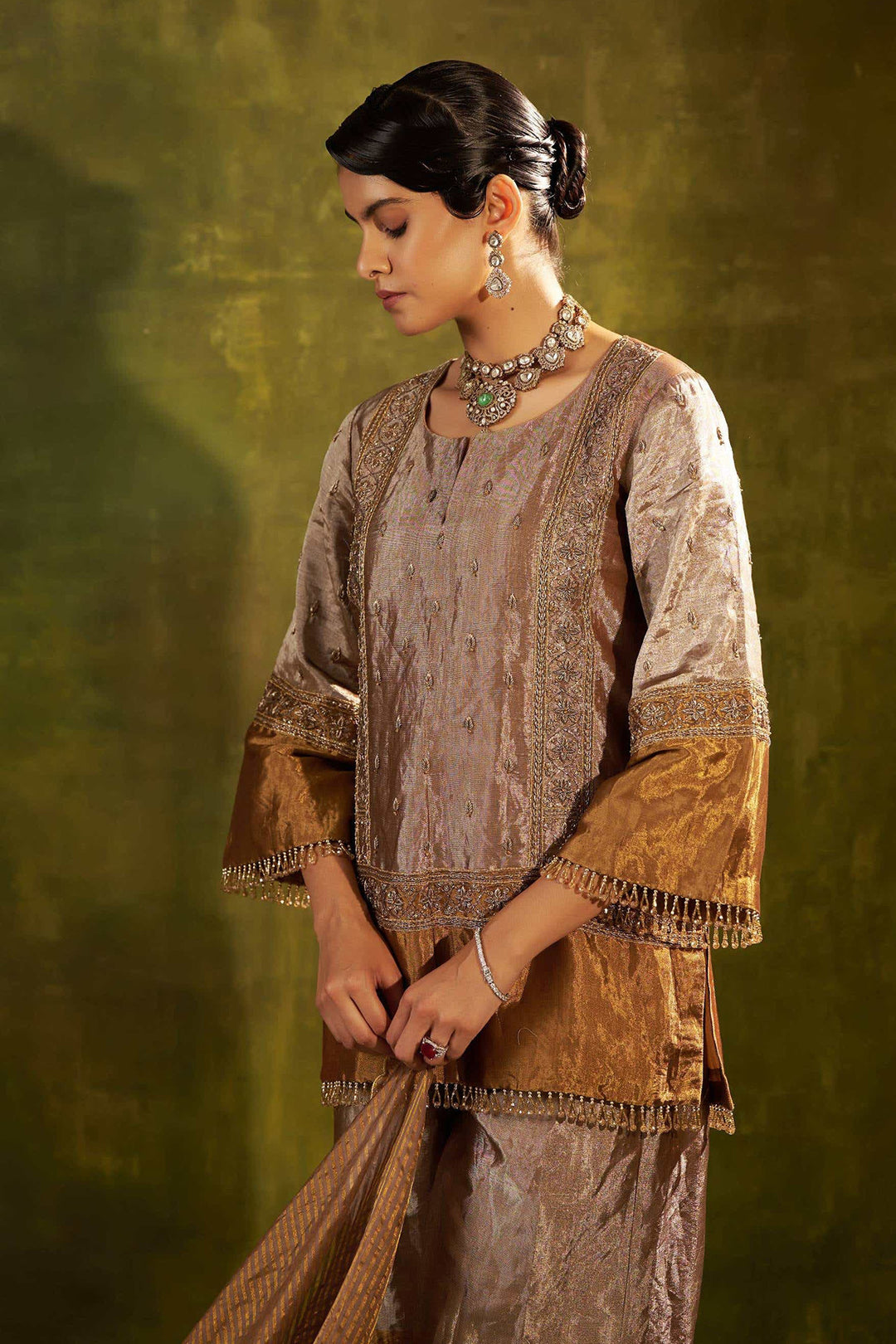 GOLD EMBROIDERED SHORT TISSUE KURTA WITH SHARARA SET