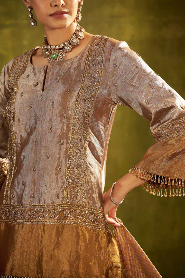 GOLD EMBROIDERED SHORT TISSUE KURTA WITH SHARARA SET