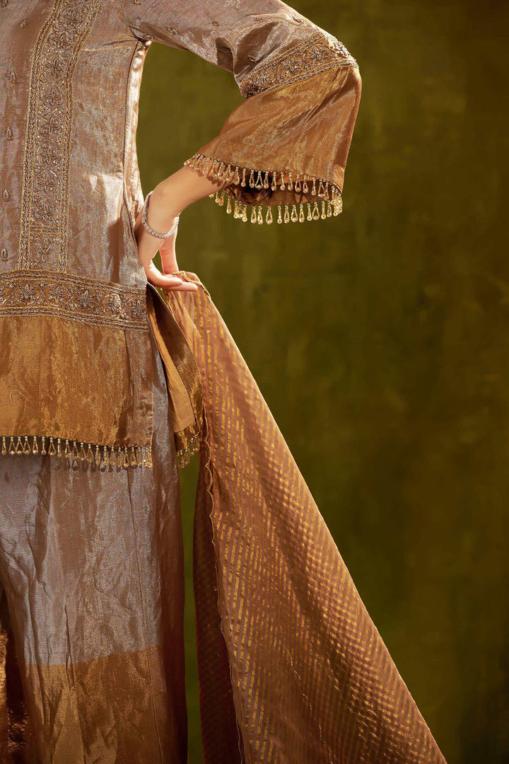 GOLD EMBROIDERED SHORT TISSUE KURTA WITH SHARARA SET