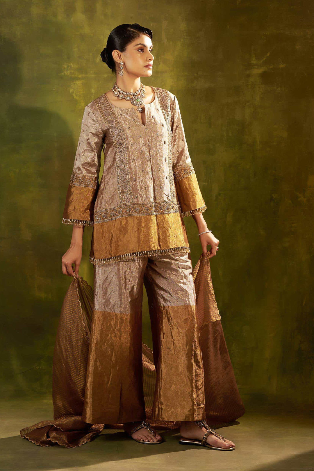 GOLD EMBROIDERED SHORT TISSUE KURTA WITH SHARARA SET