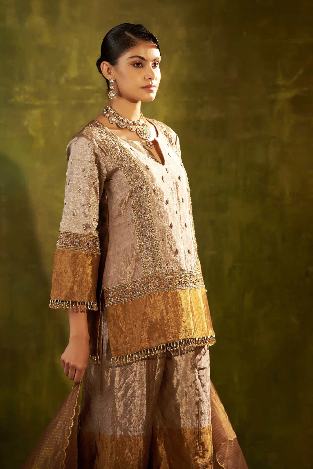 GOLD EMBROIDERED SHORT TISSUE KURTA WITH SHARARA SET