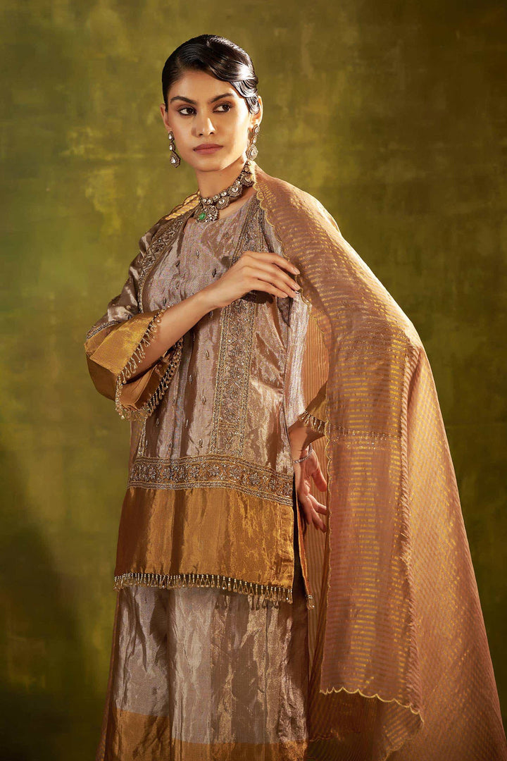 GOLD EMBROIDERED SHORT TISSUE KURTA WITH SHARARA SET