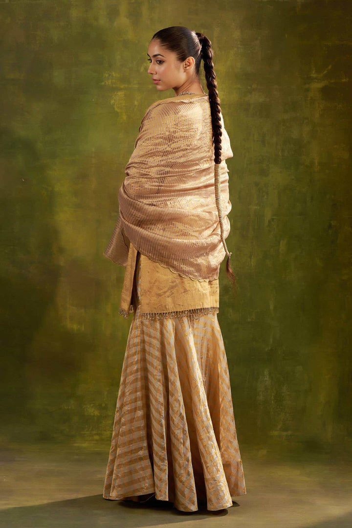 GOLD GARDEN THEME SHARARA SET WITH  STRIPE BANARASI DUPPATTA