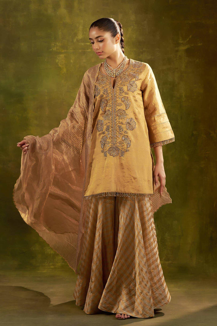 GOLD GARDEN THEME SHARARA SET WITH  STRIPE BANARASI DUPPATTA