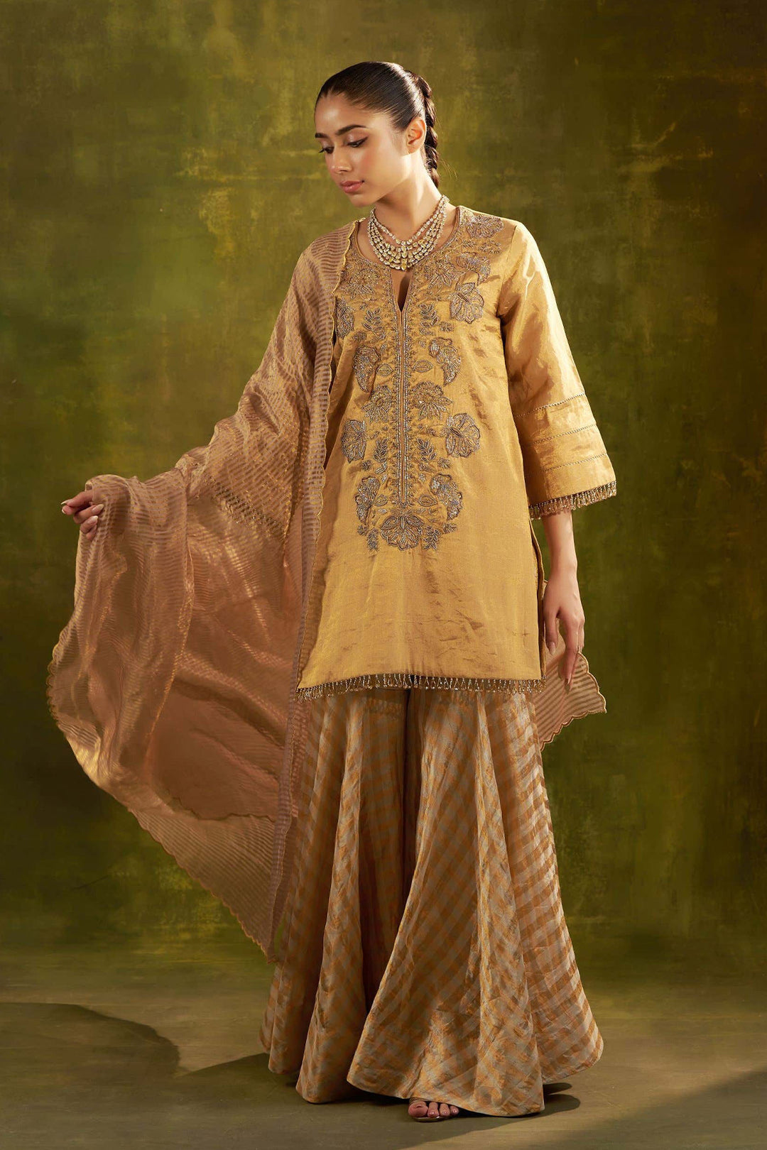 GOLD GARDEN THEME SHARARA SET WITH  STRIPE BANARASI DUPPATTA