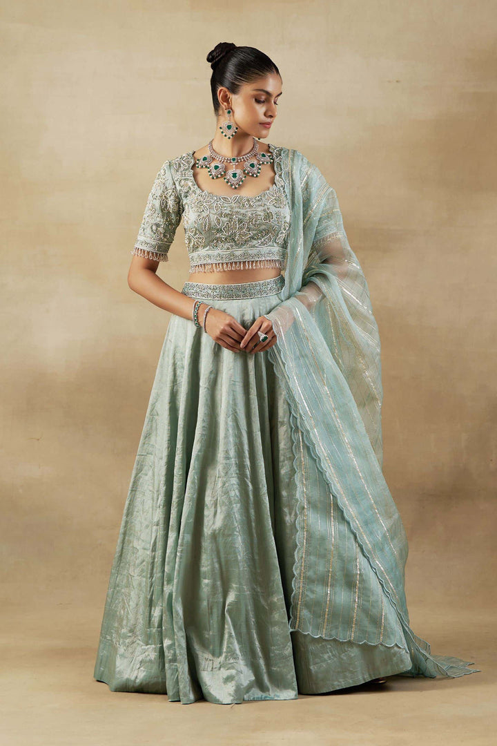 GREEN TISSUE EMBROIDERED LEHANGA SET WITH ORGANZA DUPPATTA