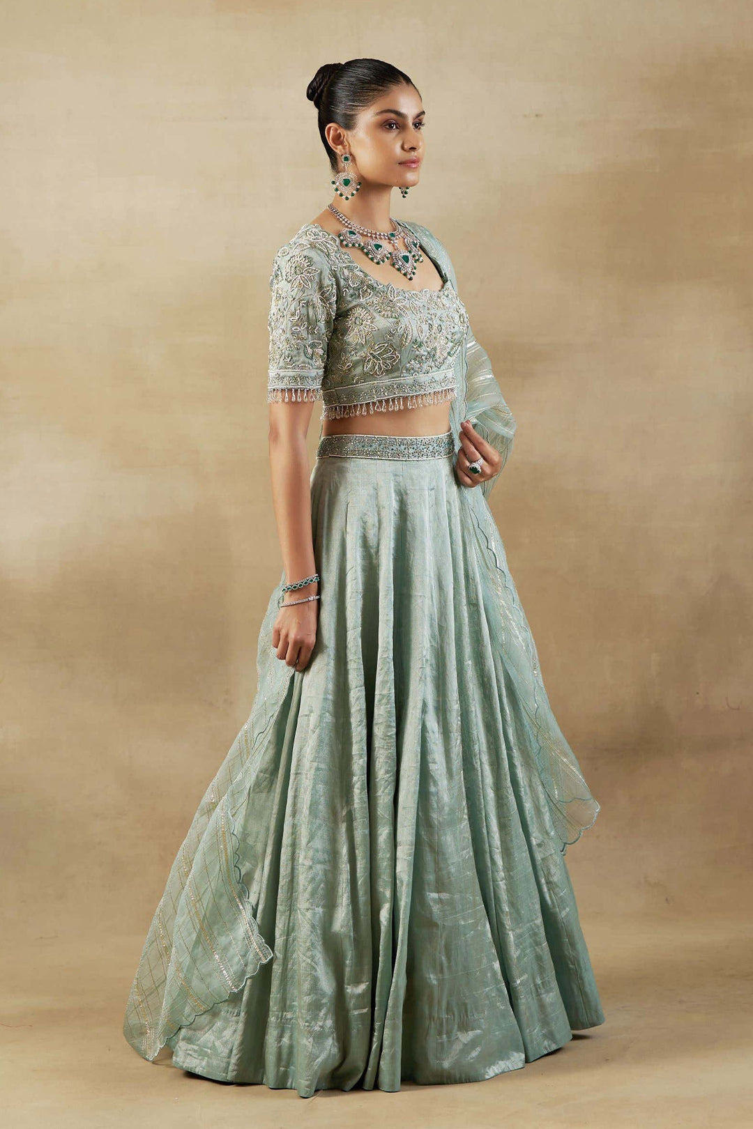 GREEN TISSUE EMBROIDERED LEHANGA SET WITH ORGANZA DUPPATTA