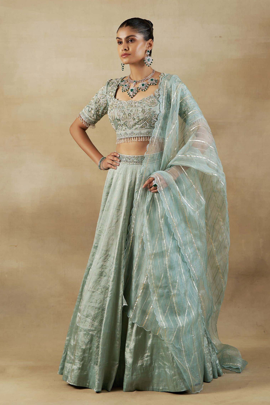 GREEN TISSUE EMBROIDERED LEHANGA SET WITH ORGANZA DUPPATTA