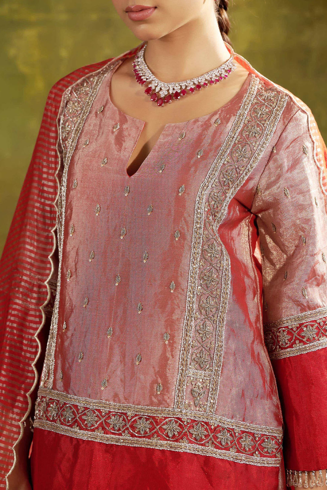 RED EMBROIDERED SHORT TISSUE KURTA WITH SHARARA SET