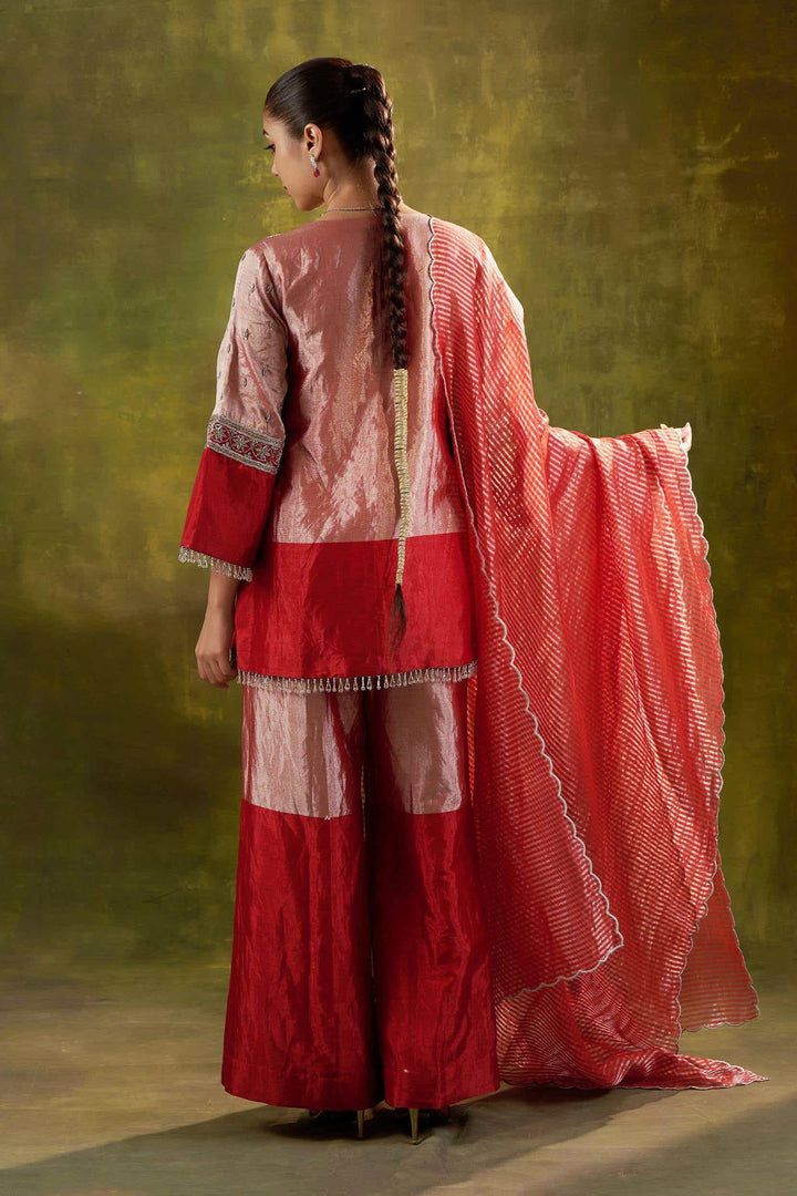 RED EMBROIDERED SHORT TISSUE KURTA WITH SHARARA SET