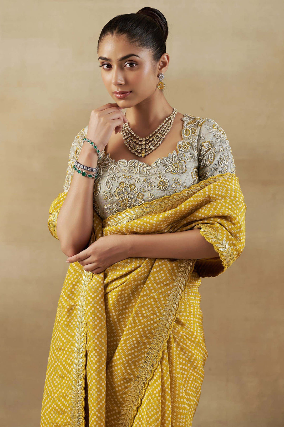 YELLOW BANDHANI TISSUE SAREE WITH EMBROIDERED BLOUSE