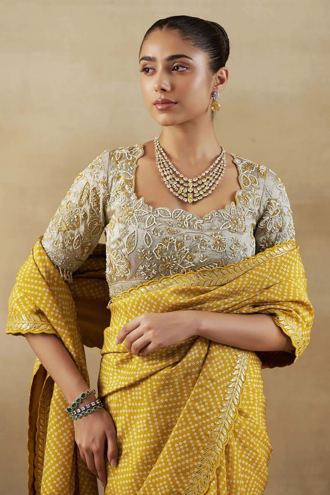 YELLOW BANDHANI TISSUE SAREE WITH EMBROIDERED BLOUSE