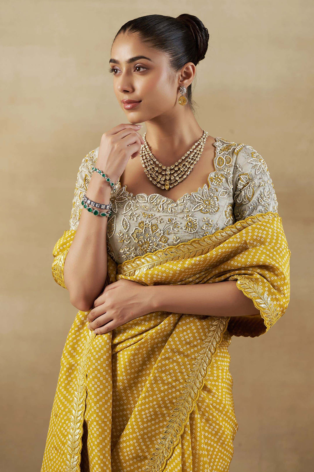 YELLOW BANDHANI TISSUE SAREE WITH EMBROIDERED BLOUSE