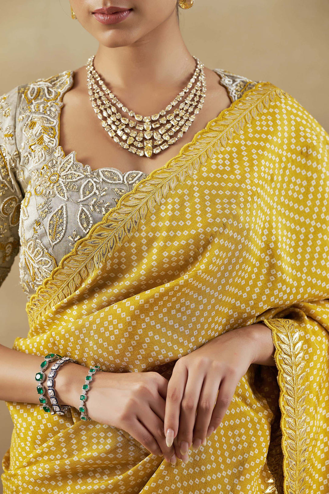 YELLOW BANDHANI TISSUE SAREE WITH EMBROIDERED BLOUSE