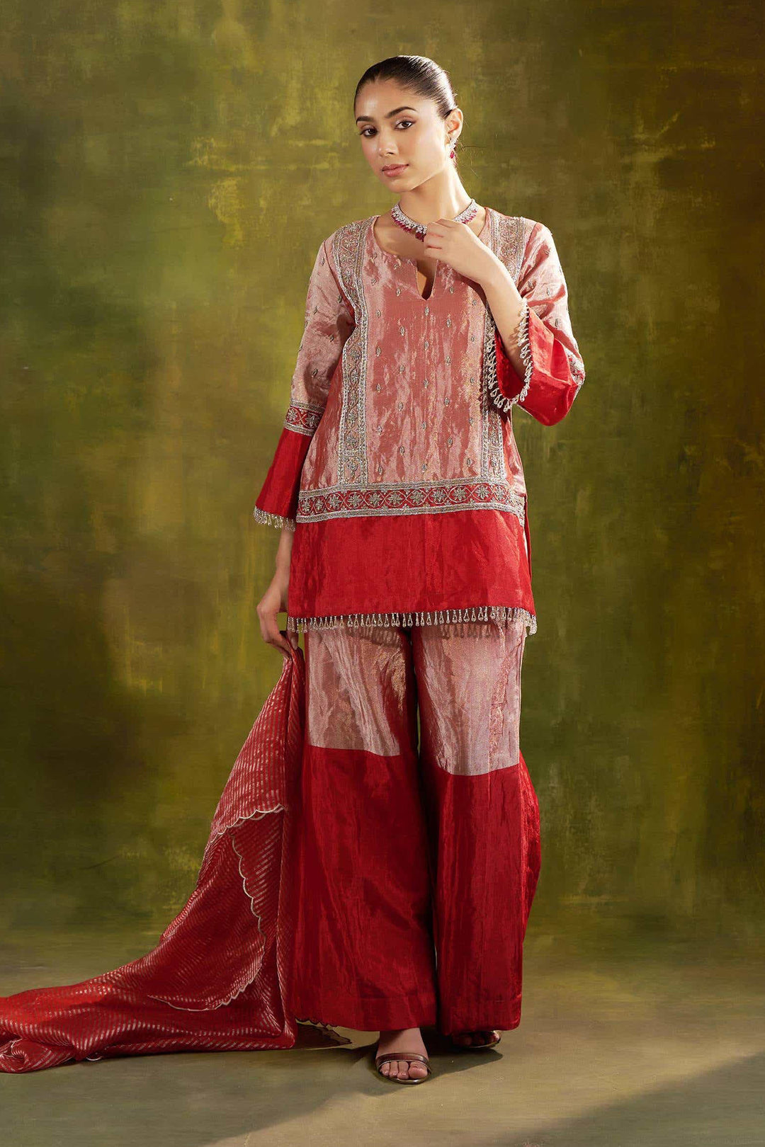 RED EMBROIDERED SHORT TISSUE KURTA WITH SHARARA SET