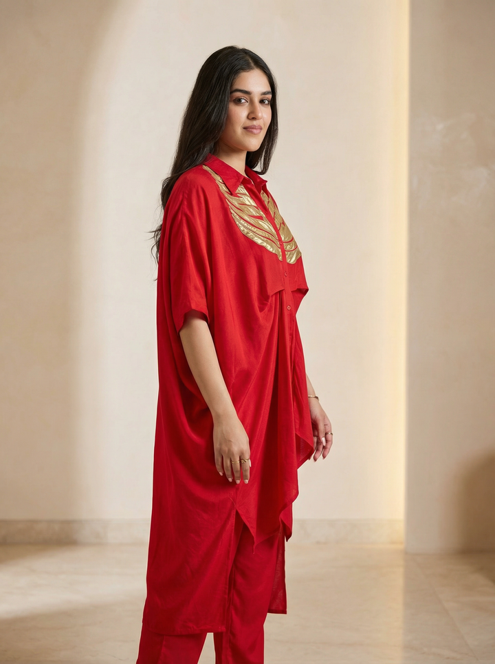Crimson Wings Gold Patch Kaftan Co-Ord Set