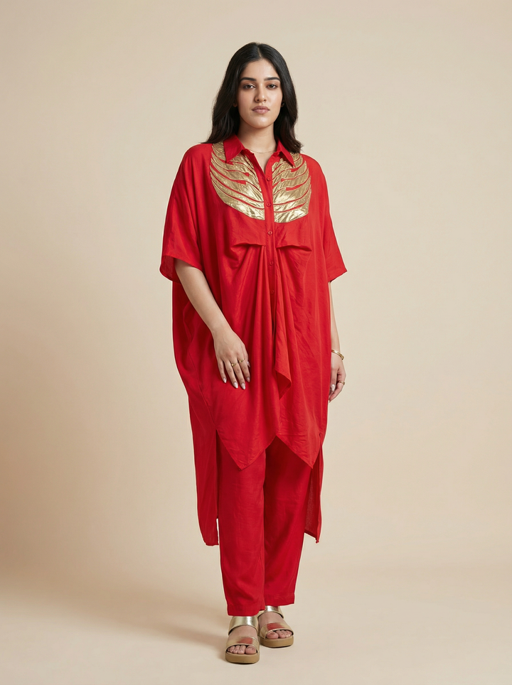 Crimson Wings Gold Patch Kaftan Co-Ord Set