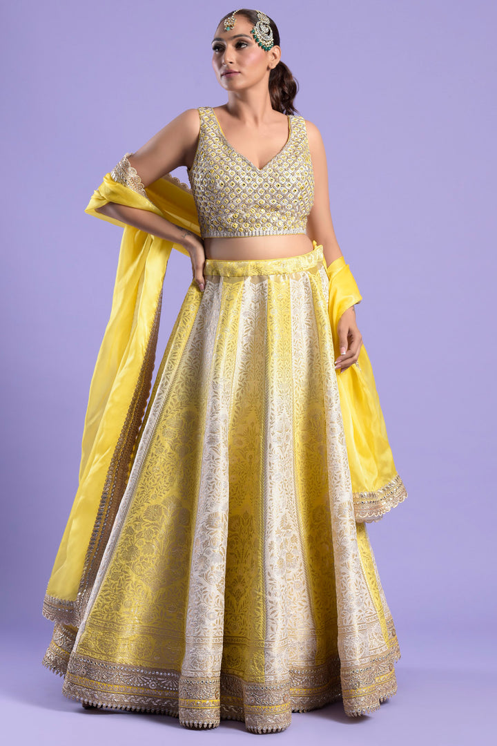 Yellow & Ivory Banarasi Embellished Lehenga Set