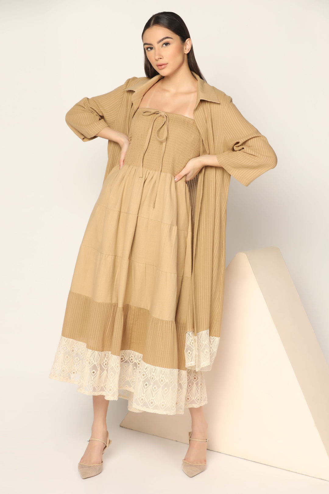 Beige Maxi Dress with a Long Overshirt