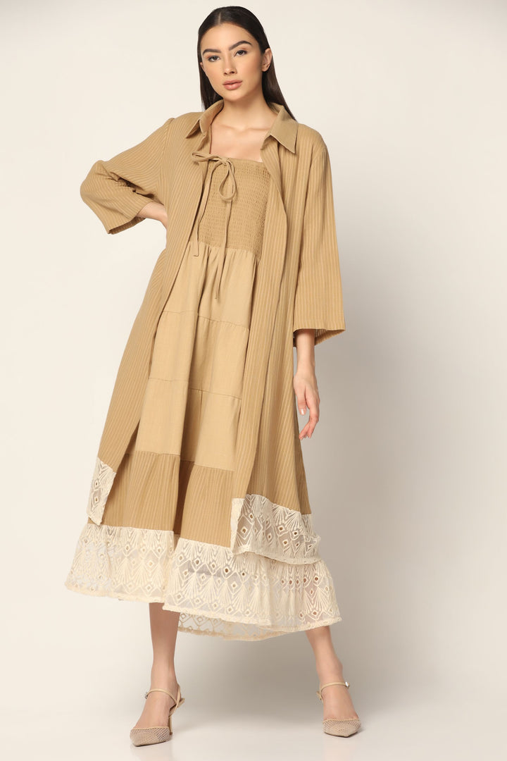 Beige Maxi Dress with a Long Overshirt