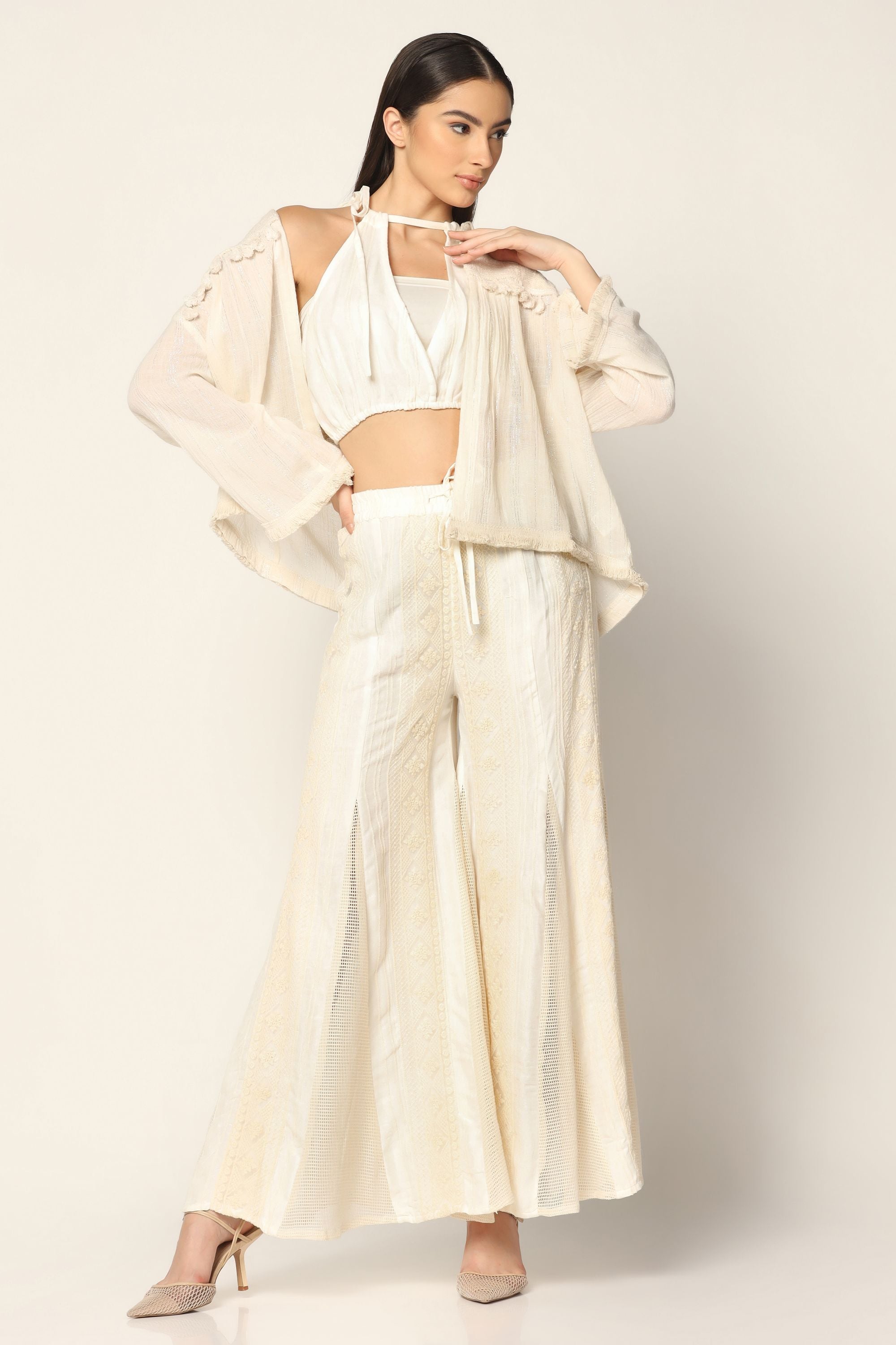 Off-White Cotton Co-ord Set with Halter Neck Top