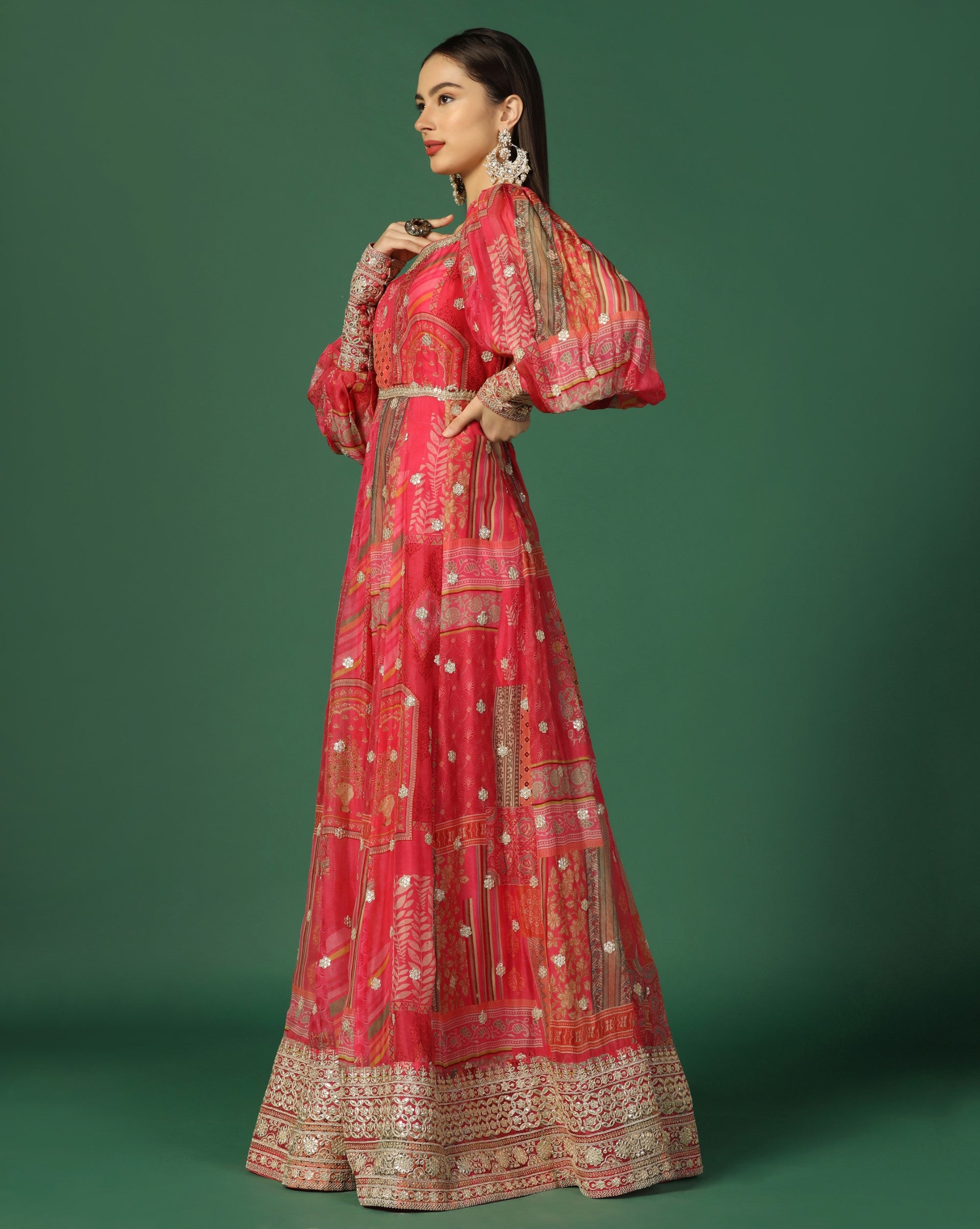 Pink Chinon Printed Anarkali Set with delicate Goldwork