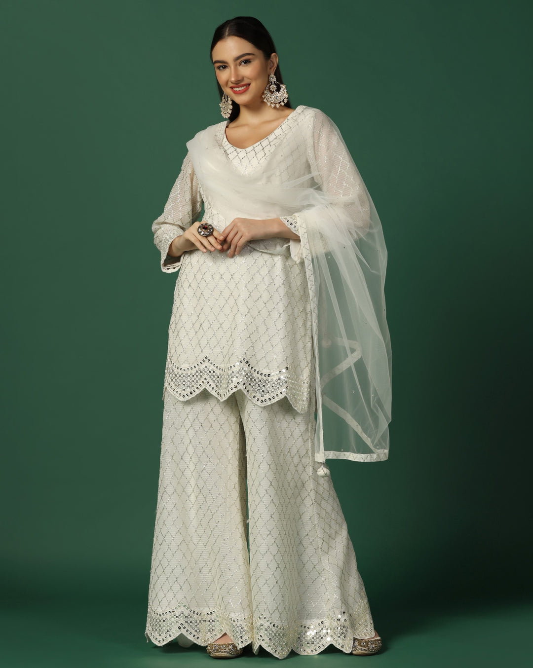 The Embroidered White Sharara Set