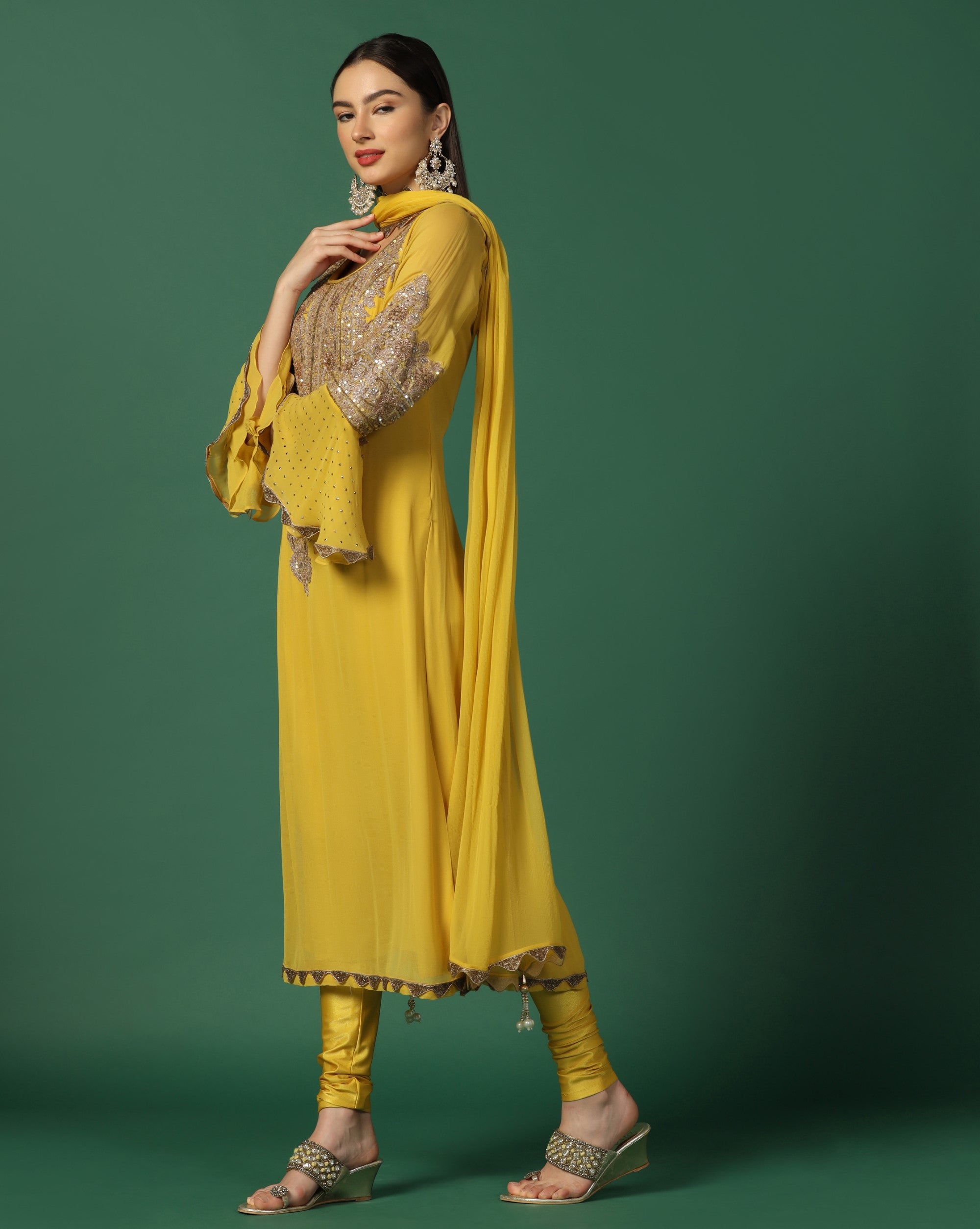 Yellow Georgette Suit with Churidaar Bottoms
