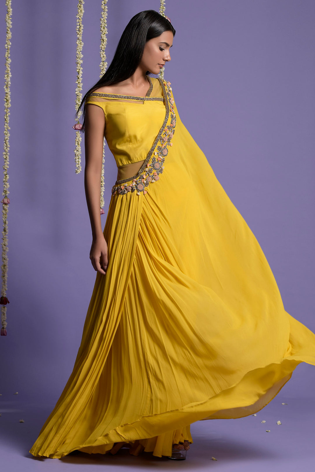 Yellow Embroidered Georgette Draped Saree