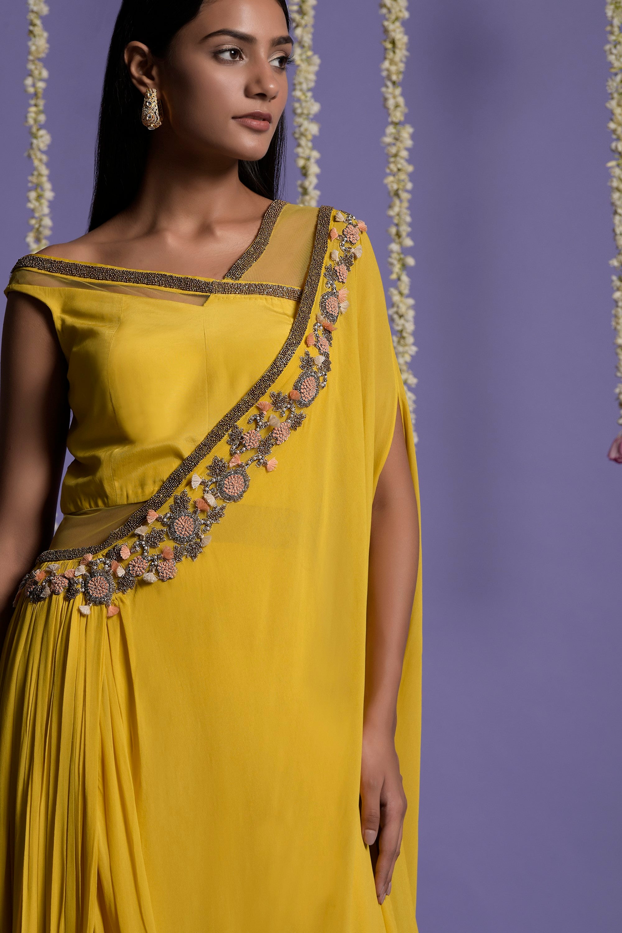 Yellow Georgette Embroidered Draped Saree