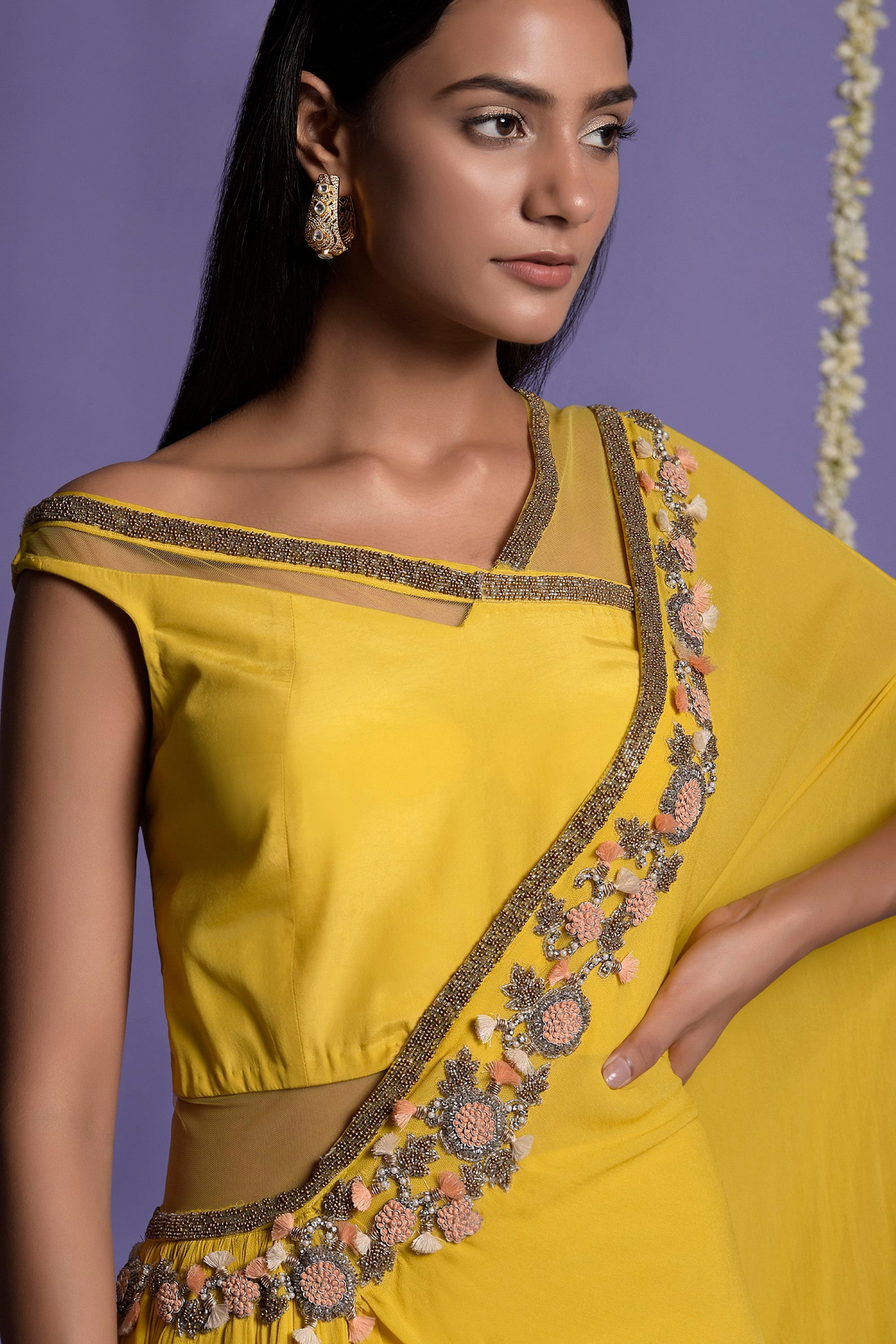 Yellow Georgette Embroidered Draped Saree