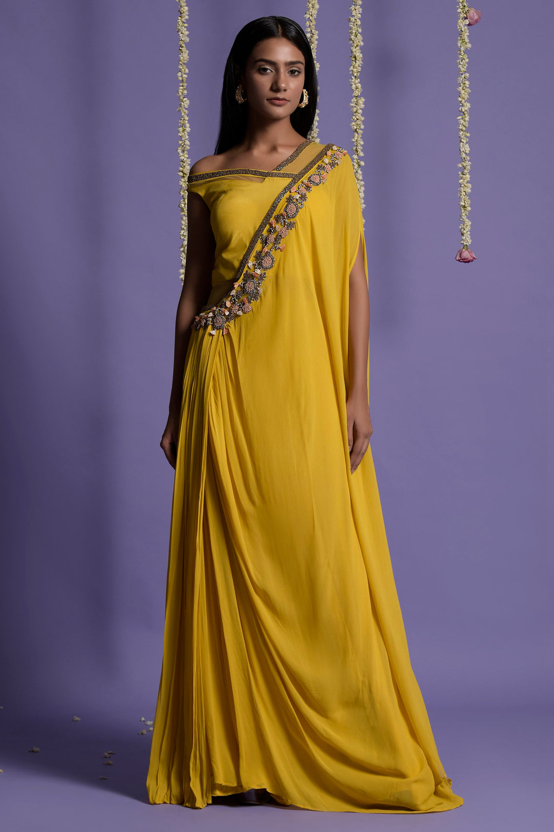 Yellow Embroidered Georgette Draped Saree