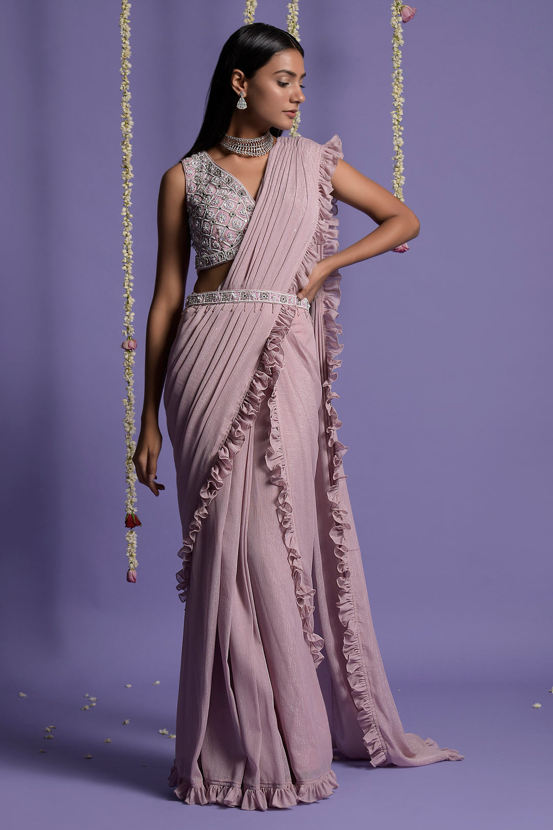 Pink Draped Georgette Saree Set with A Belt