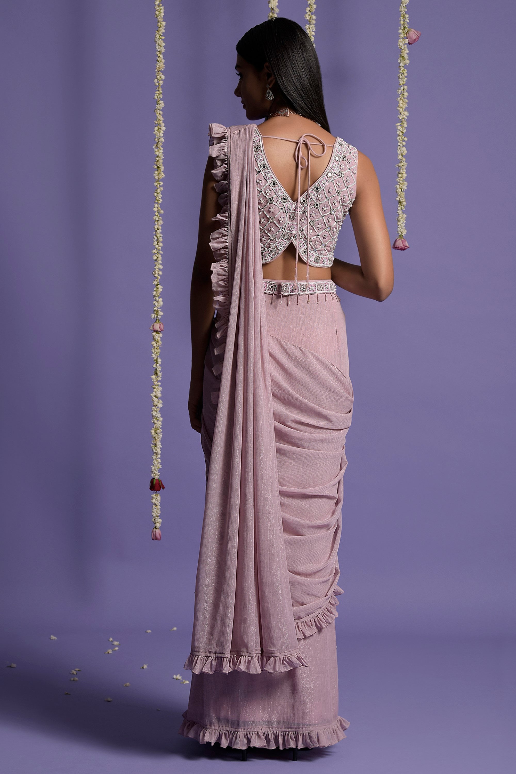 Onion Pink Georgette Draped Saree Set With Belt