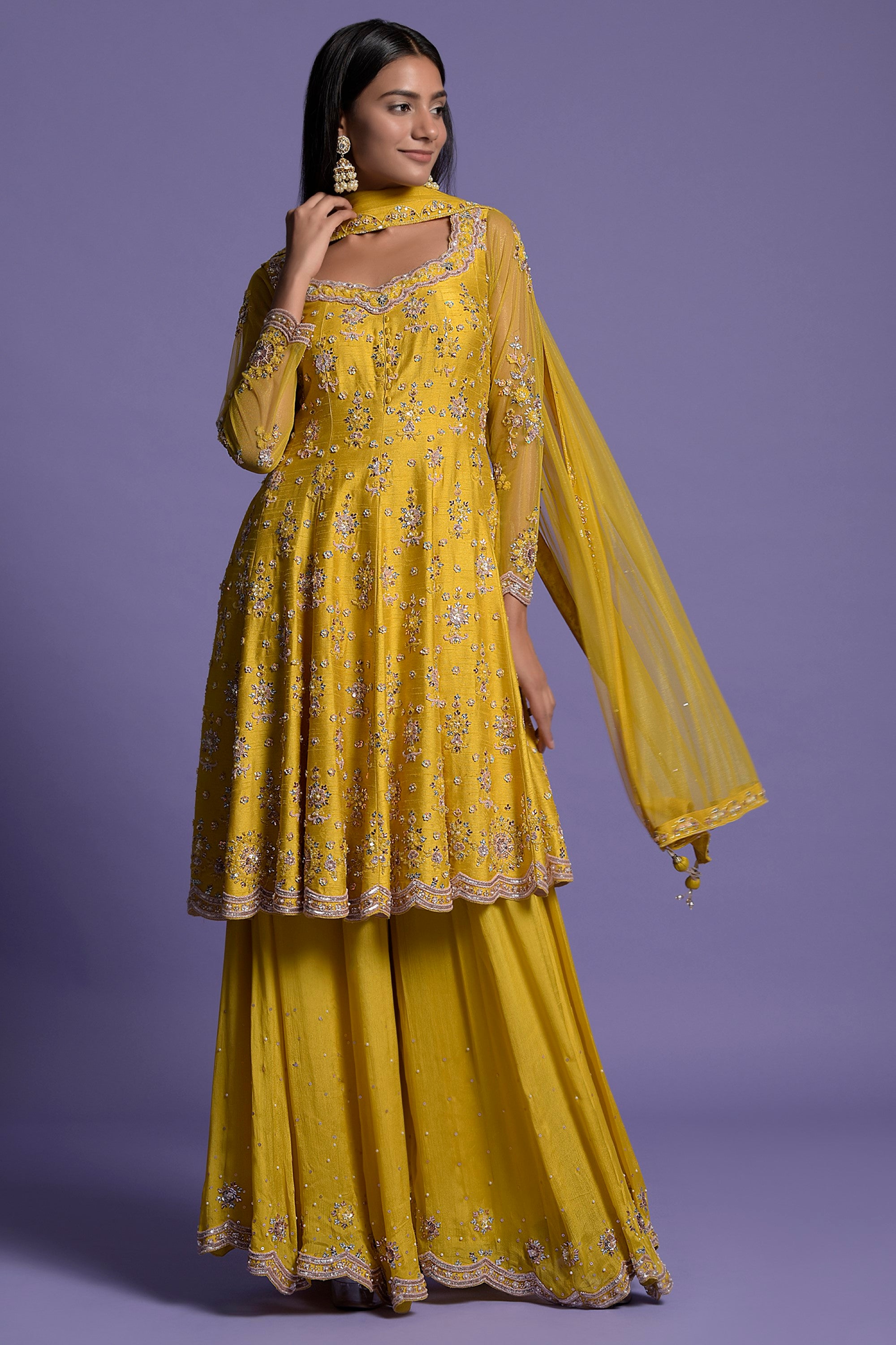 Yellow Silk Embroidered Short Anarkali Set