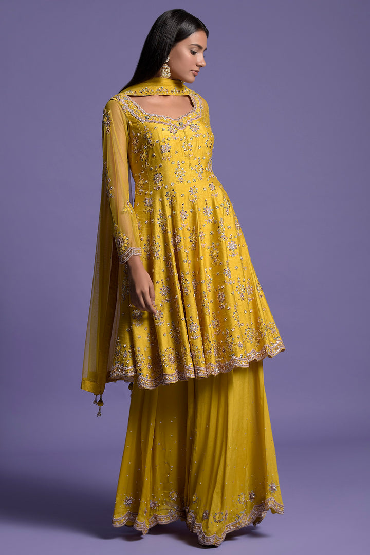 Yellow Embroidered Silk Short Anarkali Set