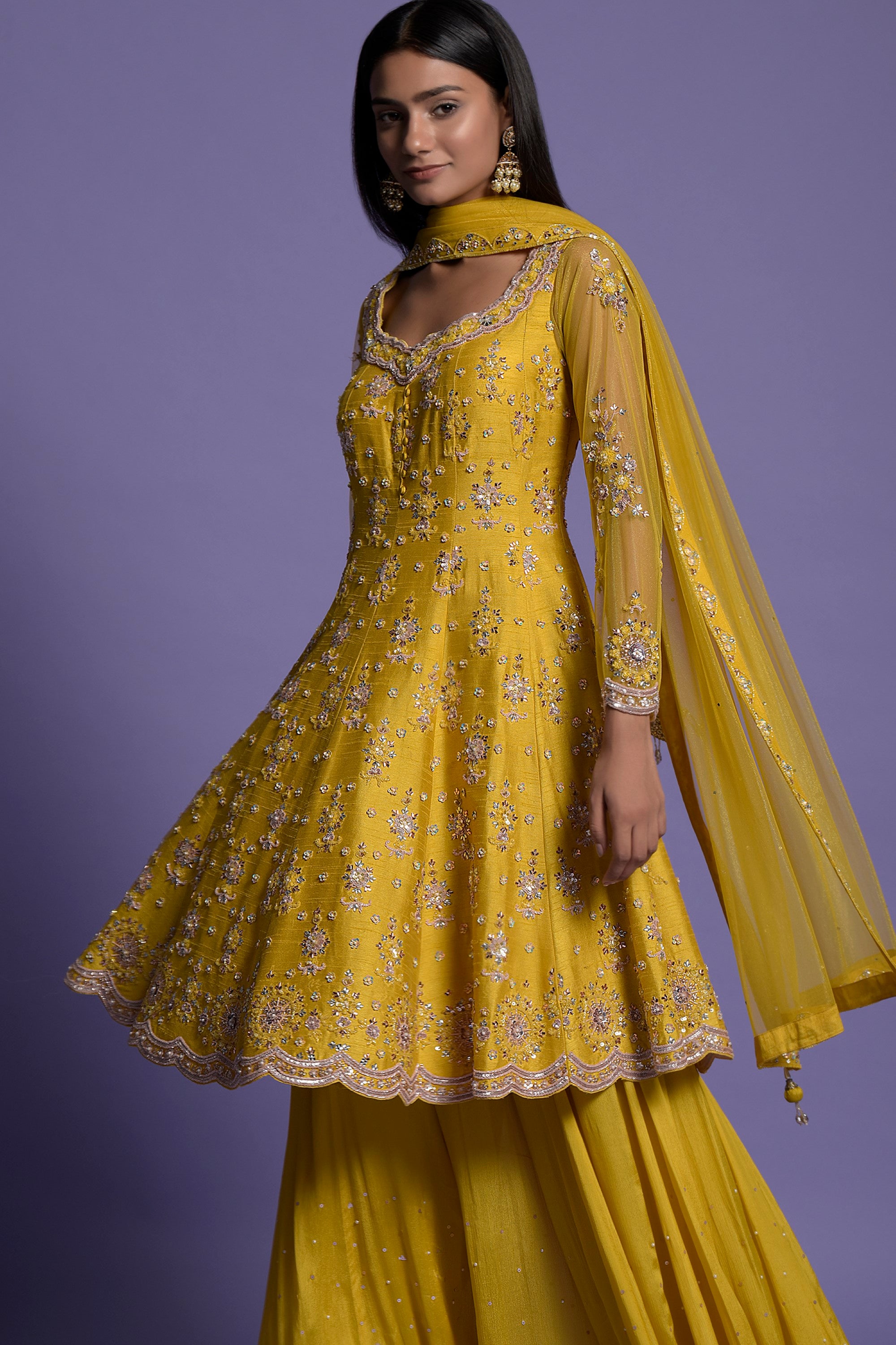 Yellow Silk Embroidered Short Anarkali Set