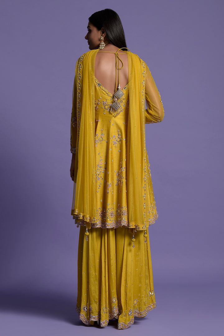Yellow Embroidered Silk Short Anarkali Set
