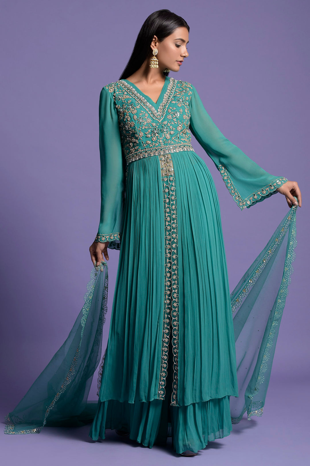 Green Antique Silver Embroidered Georgette Anarkali