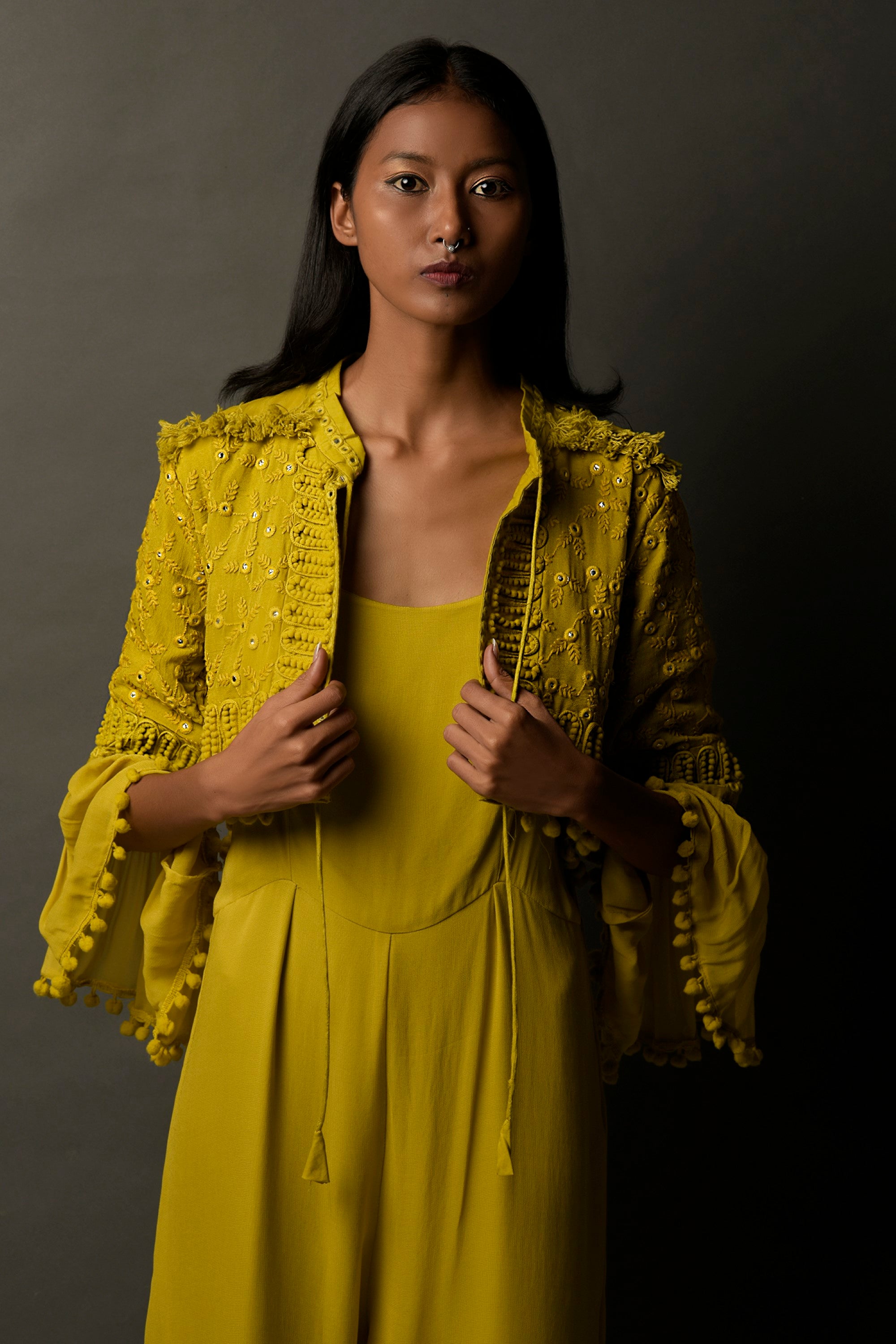 Mustard Yellow Georgette Jumpsuit with Coat