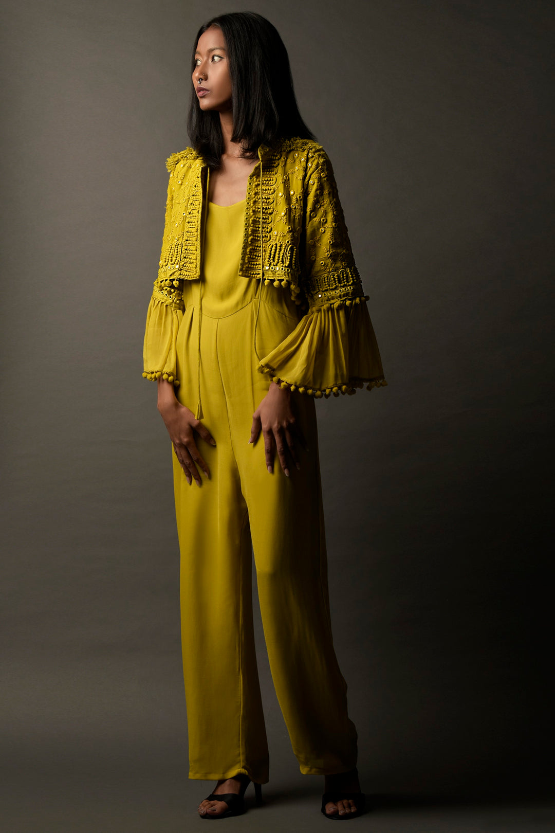 Mustard Yellow Georgette Jumpsuit with Coat