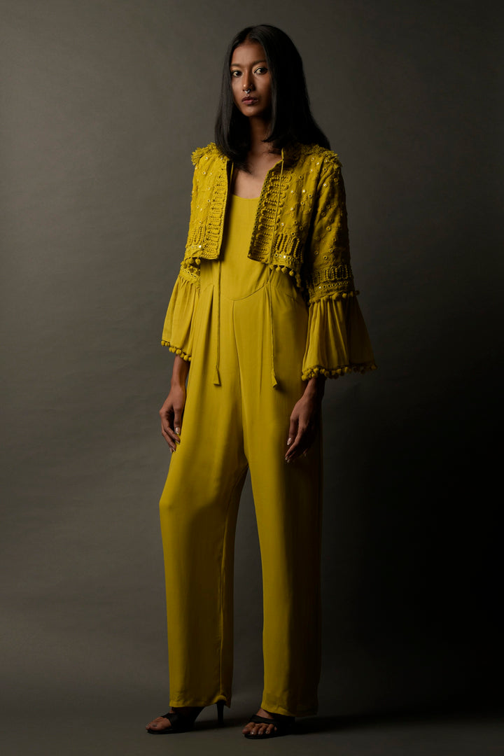 Mustard Yellow Georgette Jumpsuit with Coat